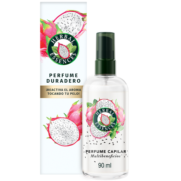 Perfume Capilar Duradero Herbal Essences con notas de Pitahaya y Sandia, frasco de 90 ml junto a su caja