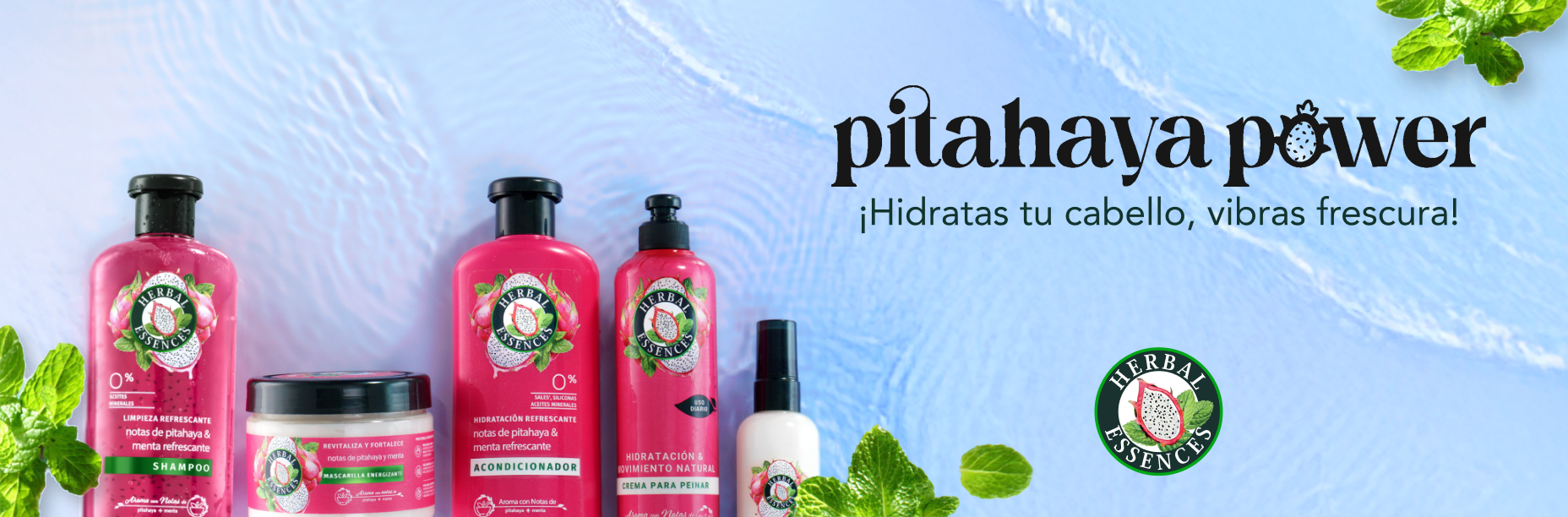 Banner colección Pitahaya & Menta Herbal Essences con productos shampoo, acondicionador, mascarilla, crema para peinar y perfume capilar sobre fondo azul con hojas de menta