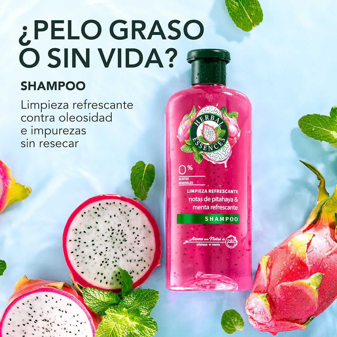 Shampoo Herbal Essences Limpieza Refrescante Pitahaya y Menta rodeada de pitahayas cortadas y hojas de menta con texto Pelo Graso o Sin Vida