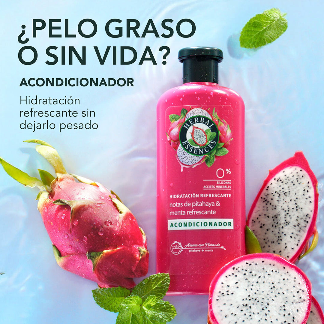 Acondicionador Herbal Essences Hidratación Refrescante Pitahaya y Menta rodeada de pitahayas y hojas de menta con texto Pelo Graso o Sin Vida hidratación refrescante sin dejarlo pesado