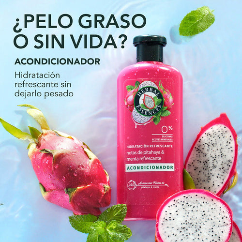 Acondicionador Herbal Essences Hidratación Refrescante Pitahaya y Menta rodeada de pitahayas y hojas de menta con texto Pelo Graso o Sin Vida hidratación refrescante sin dejarlo pesado