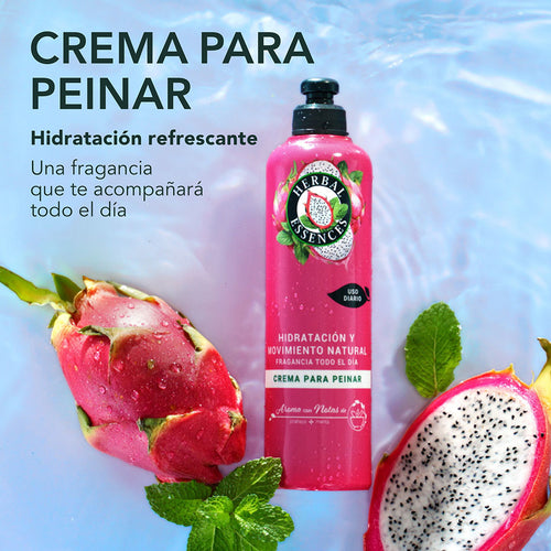 Crema para Peinar Herbal Essences Hidratación Refrescante Pitahaya y Menta rodeada de pitahayas y hojas de menta con texto Hidratación Refrescante fragancia que te acompaña todo el día