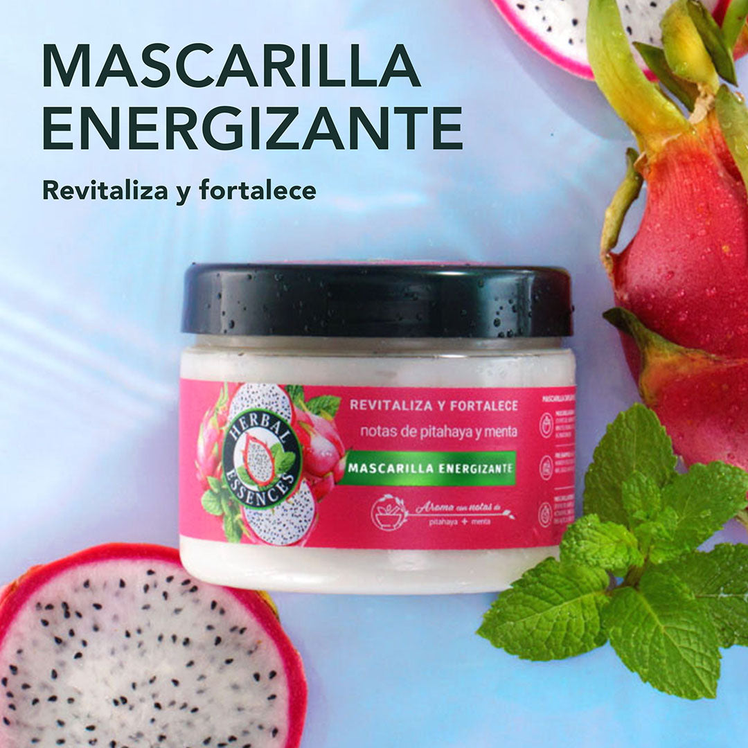 Mascarilla Capilar Energizante Herbal Essences Revitaliza y Fortalece Pitahaya y Menta rodeada de pitahayas cortadas y hojas de menta con texto Mascarilla Energizante revitaliza y fortalece