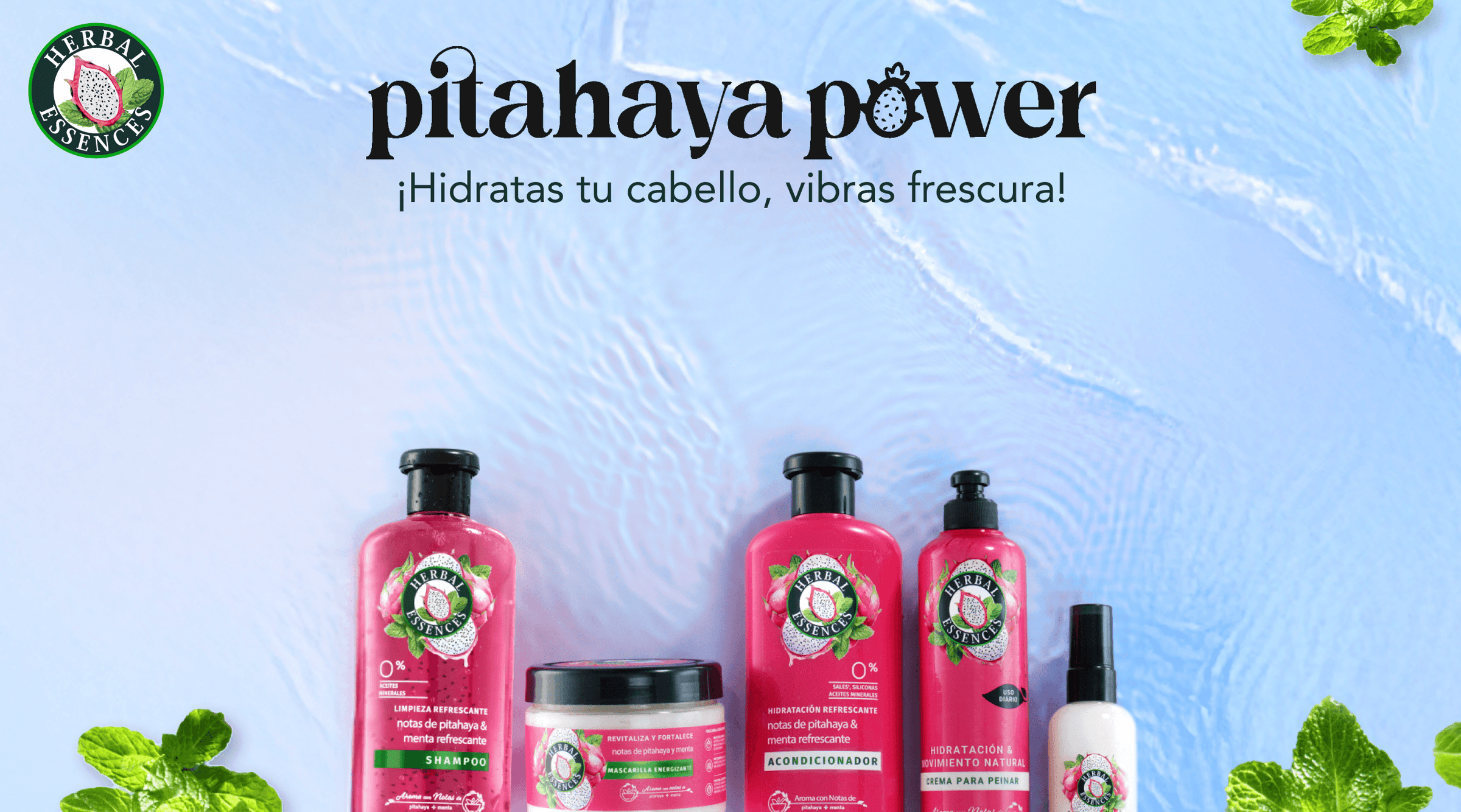 Pitahaya Power: ¡Hidratas tu cabello, vibras frescura! Colección Herbal Essences notas de pitahaya y menta refrescante.