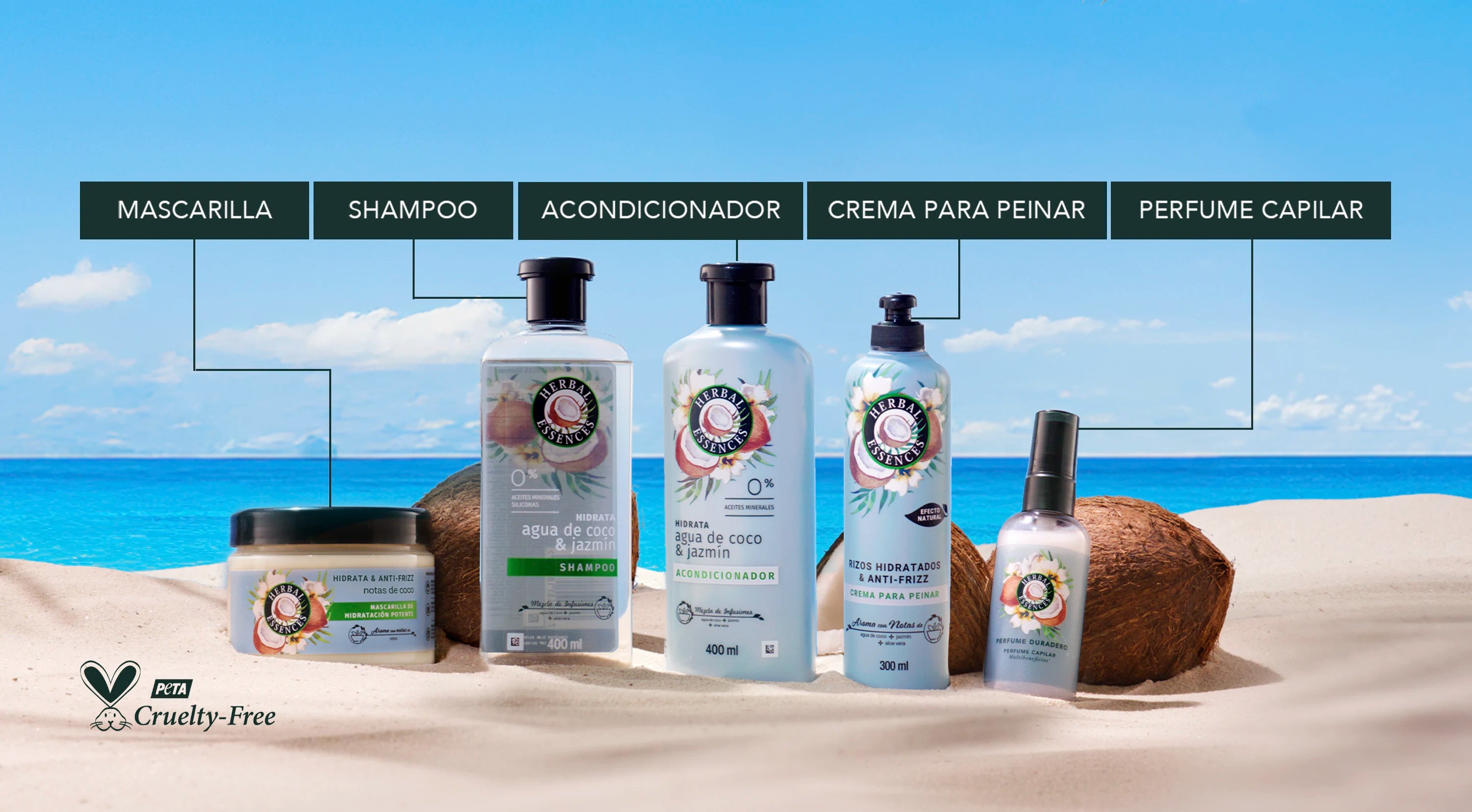 La colección completa de Mascarilla, Shampoo, Acondicionador, Crema para peinar y Perfume Capilar en la playa