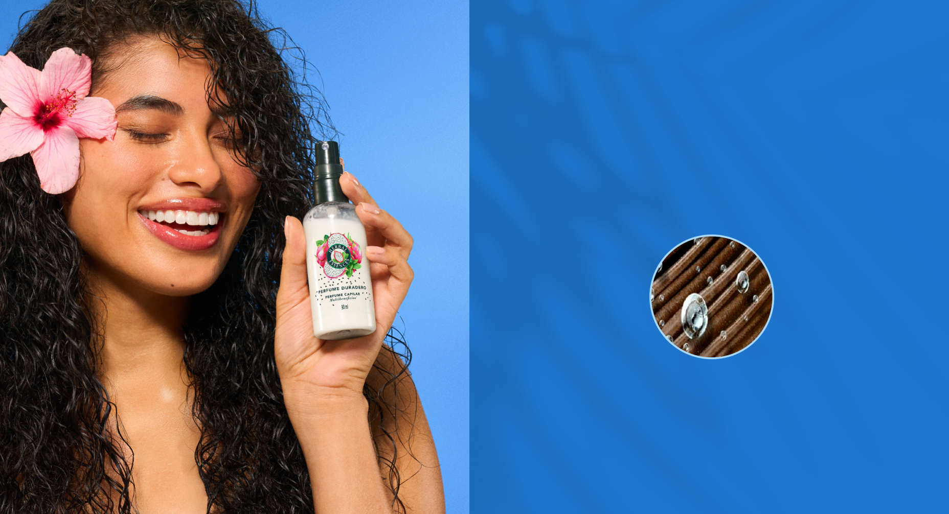 Mujer sonriendo sosteniendo perfume capilar Herbal Essences Pitahaya y Menta con texto Pelo Irresistiblemente Perfumado hasta por 24 horas
