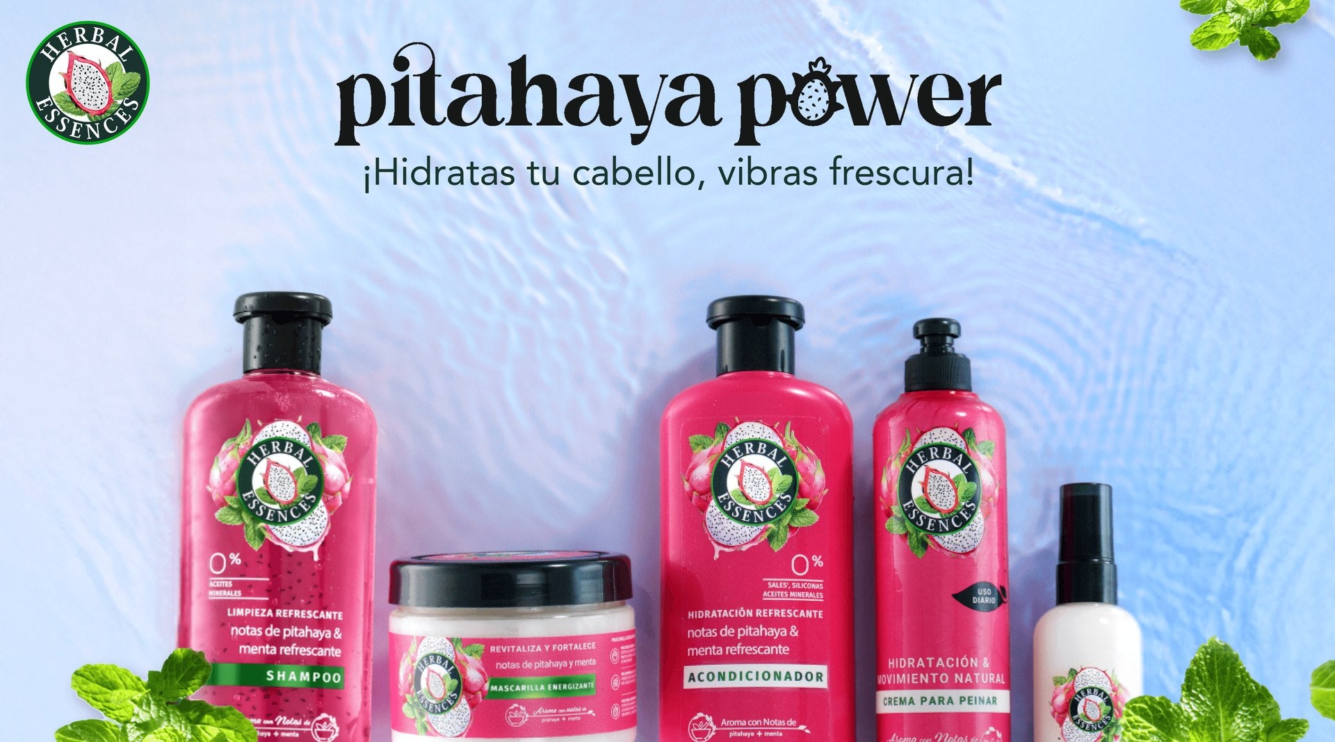 Pitahaya Power: ¡Hidratas tu cabello, vibras frescura! Colección Herbal Essences notas de pitahaya y menta refrescante.