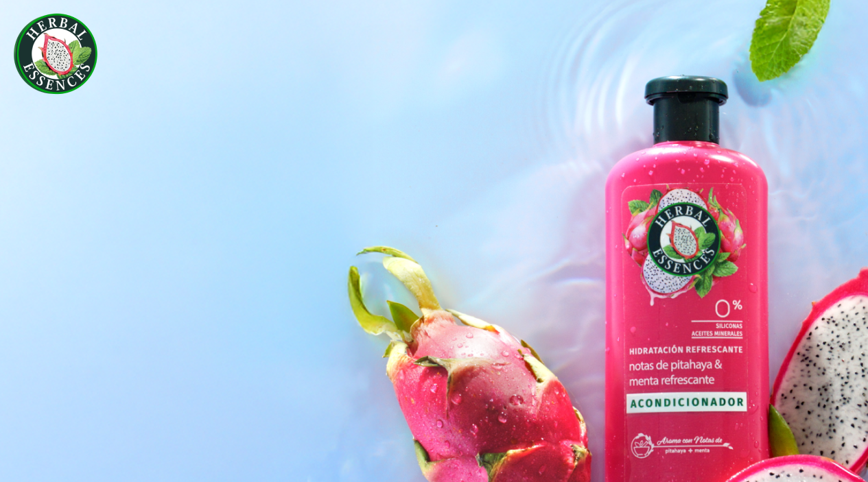 Banner Acondicionador Herbal Essences Pitahaya y Menta con pitahayas y texto Hidratación Refrescante acondicionador que hidrata sin dejar tu cabello pesado