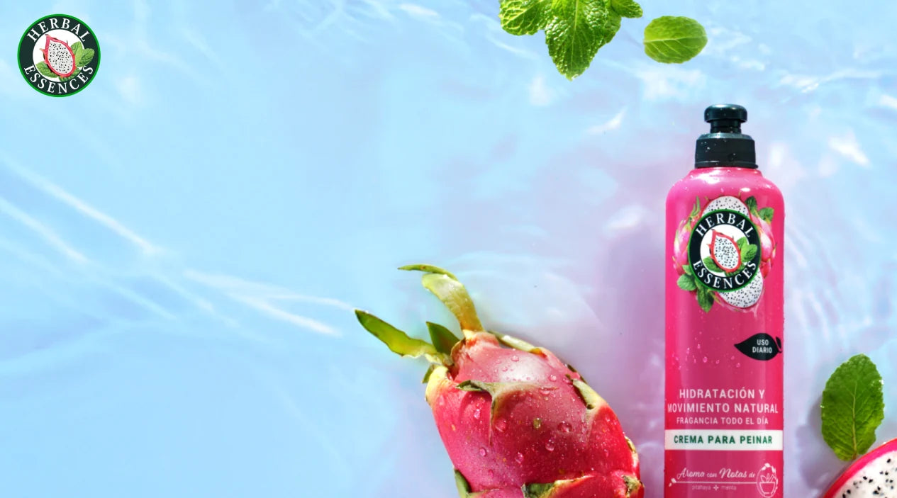 Banner Crema para Peinar Herbal Essences Pitahaya y Menta con texto Hidratación y Movimiento Natural acondicionador que hidrata sin dejar tu cabello pesado