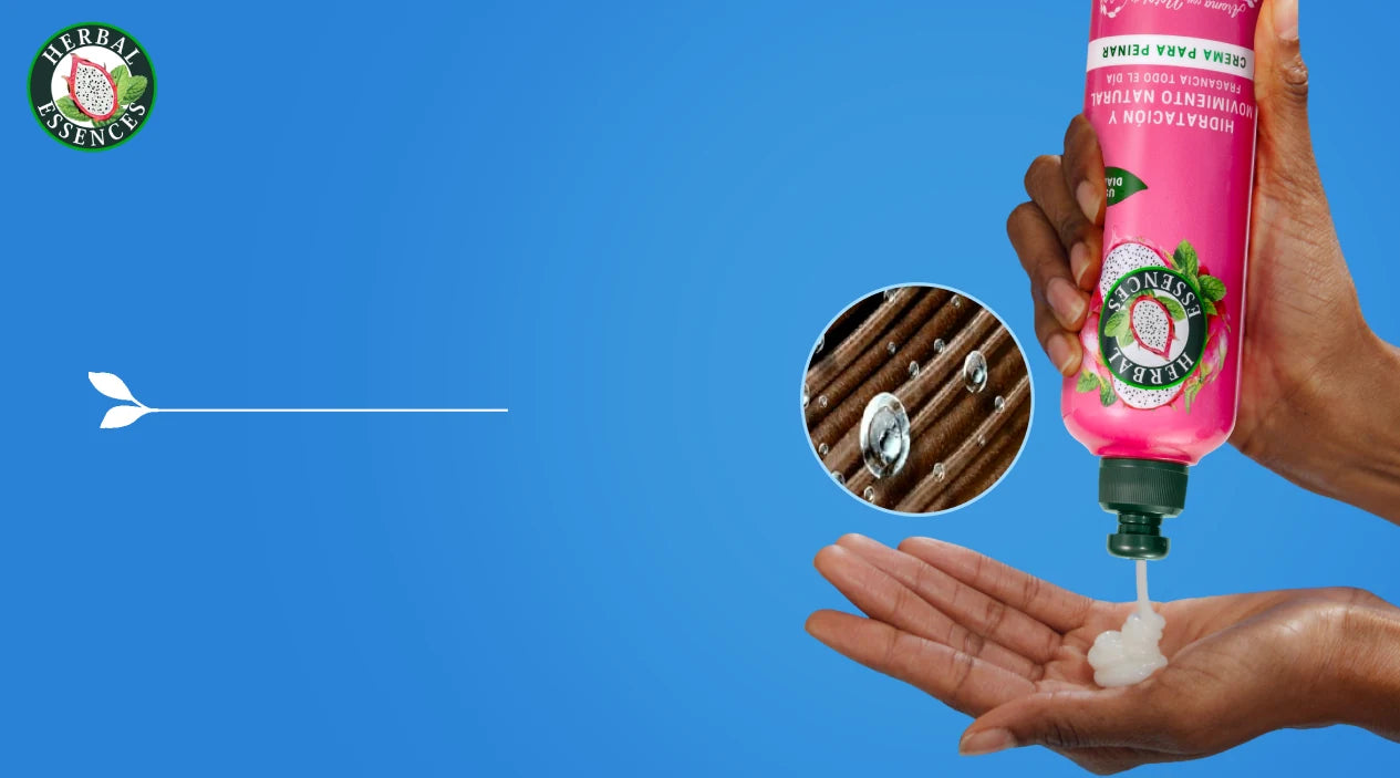 Banner Crema para Peinar Herbal Essences Pitahaya y Menta con detalle de cápsulas de perfume y texto Con Cápsulas de Perfume que se activan al tocar tu cabello