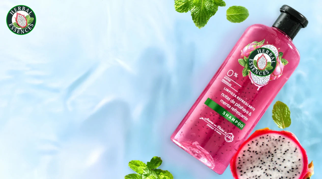 Banner Shampoo Herbal Essences Pitahaya y Menta con texto Pitahaya Power Hidratas tu cabello Vibras Frescura y botón Limpieza Refrescante
