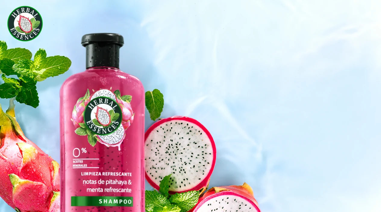 Banner Shampoo Herbal Essences Pitahaya y Menta con pitahayas y hojas de menta con texto Con Notas de Menta limpieza refrescante que despierta tus sentidos