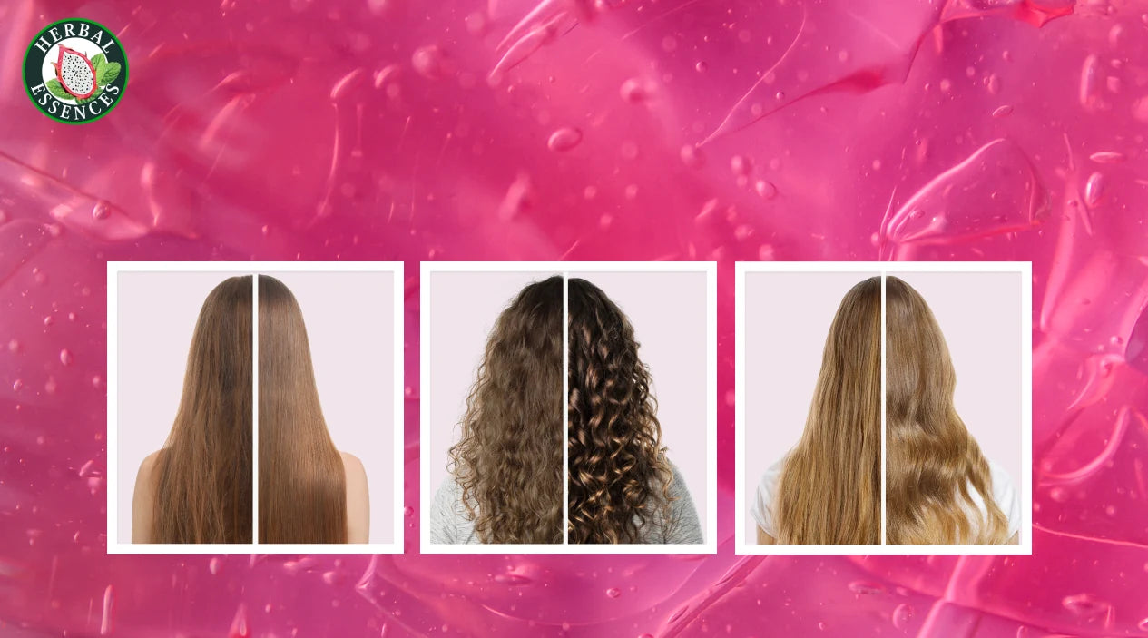 Antes y después de cabello con Shampoo Herbal Essences Pitahaya y Menta con texto Libérate del Cabello Graso hidrata con aroma fresco y tropical